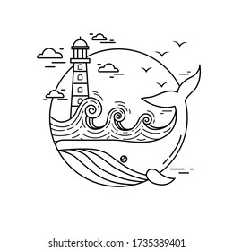 Vector linear drawing of a sea landscape. Children's coloring marine theme with a whale and a lighthouse. Seagulls fly over the ocean. Whale in the port. Sea mandala, antistress pattern.