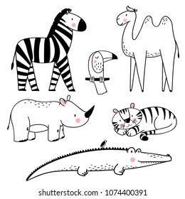 Vector linear drawing, set of cute children's illustrations of African animals, cute crocodile with bird, tiger, toucan, rhinoceros, zebra and camel. Set of isolated objects