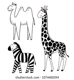 Vector linear drawing, set of cute children's illustrations of African animals, giraffe, zebra and camel. Set of isolated objects