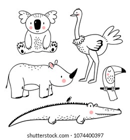 Vektorlinezeichnung, Reihe süßer Kinderillustrationen afrikanische Tiere, Koala, Rhinozeros, Krokodil, Straußenvogel und Tucan, Reihe von Einzelobjekten