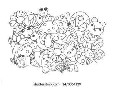 Vector linear drawing, set of cute children's illustrations. Animals, beer, frog, worm, butterfly, bee, snail, ladybug, rabbit.