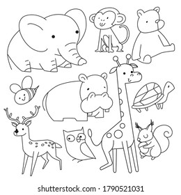 Vector linear drawing, set of cute children's illustrations animals. Vector illustration.