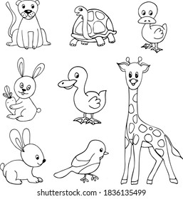 Vector linear drawing, set of cute childrens illustrations, african animals, giraffe, tiger and lion, turtle, bird, rabbit duck