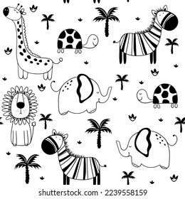 Vector linear drawing, a set of cute children's illustrations African animals, elephant, lion, giraffe, turtle and exotic palms