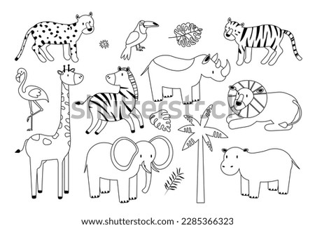 Vector linear drawing, set of cute children s illustrations African animals elephant, tiger, lion, rhinoceros, hippopotamus, flamingo bird and toucan, tropical leaves EPS Foto stock © 