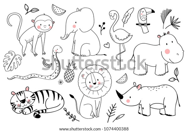 Vector linear drawing, set of cute children\'s\
illustrations African animals, monkey, elephant, tiger and lion,\
rhinoceros, snake, hippopotamus, flamingo bird and toucan, tropical\
leaves, pineapple and