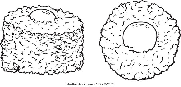 Vector linear drawing of tartare with raw yolk black line realistic on white isolated background . Meat dish. set of tartare on the side and top view raw meat in pieces with egg on top of a cylinder