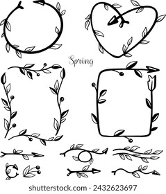 vector linear drawing of twigs frames spring leaves, arrows, wreaths