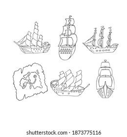 VECTOR LINEAR DRAWINGS OF SHIPS ON WHITE BACKGROUND