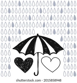 Lineare Vektorgrafik mit abstrakten Herzformen unter einem Regenschirm, der sie vor Regen schützt. Konzeptioneller Hintergrund, Hintergrund für das Design von Text, eine Website, im Web-Design.