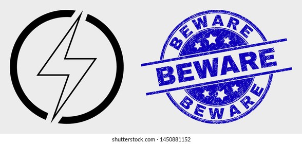 Vector linear electricity icon and Beware seal. Blue round textured seal stamp with Beware title. Black isolated electricity icon in stroke style.