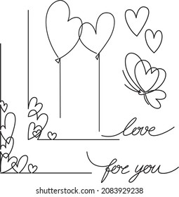 Vector linear elements for design  romantic, love , wedding decor of card, poster, invitation. Hearts, part of frames, lettering in minimalistic line art style
