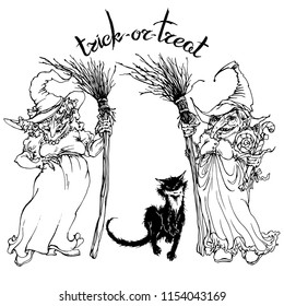 Vector linear elements for Halloween design: two witches , black cat and words "trick-or-treat" Hand drawn.