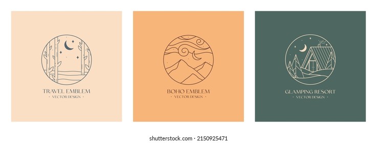 Vector linear emblems with forest landscape,mountain range,house or tent.