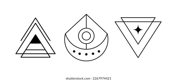 Vector linear esoteric amulets collection. Isolated Crescend and triangle shapes on white