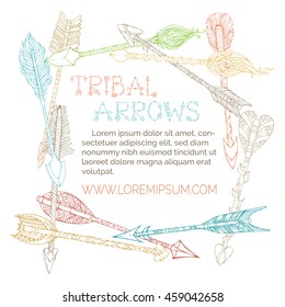 Vector linear ethnic arrows square frame. Colourful doodles tribal arrows on white background. Boho and hippie hand-drawn style. There is place for your text in the center.