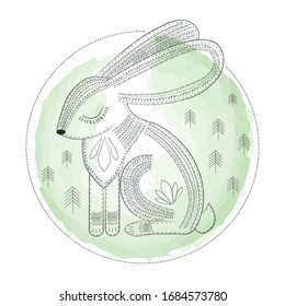 Vector linear ethnic folk ornament closed eyes rabbit in circle with trees and watercolor green background