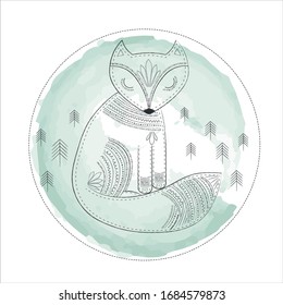 Vector linear ethnic folk ornament closed eyes fox in circle with trees and watercolor green background