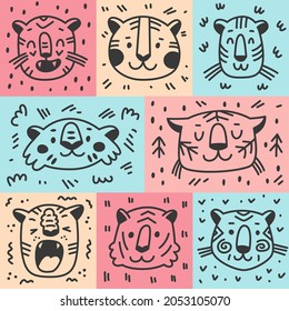 Vector linear faces of cats on colored squares. Doodle illustration with simple elements