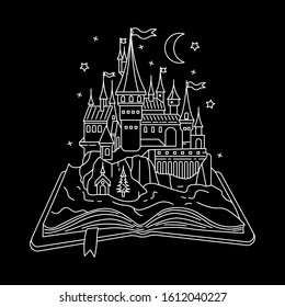 Vector linear fairy tale castle on a dark background
