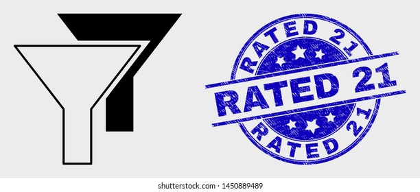 Vector linear filters pictogram and Rated 21 seal stamp. Blue round textured seal with Rated 21 text. Black isolated filters pictogram in linear style.