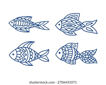Peces lineales de Vector aislados sobre fondo blanco. Dibujo para colorear para niños y adultos