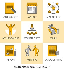 Vector linear and flat business icons for web. Agreement, market, marketing, achievement, conference, cash, report, meeting and accounting.
