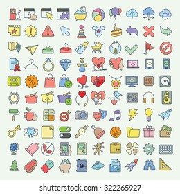  Vector linear and flat colored icons set on various topics