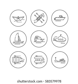Vector linear flat icons. Water transport.