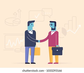 Vector Linear Flat Illustration Related To Business Partnership, Interaction, Meeting, Negotiation And Stakeholders. Infographics Illustration - Part 1