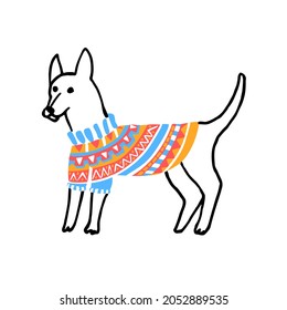 Vector linear, flat, isolated illustration with a dog in a sweater. The concept of clothing for animals, accessories. It can be used in web design, posters, posters.