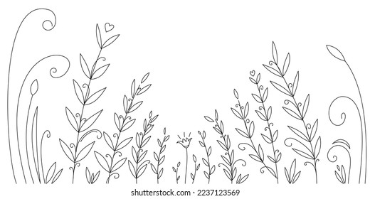 vector linear floral background. A field with a single flower in the center and various grasses, curlicues, leaves.