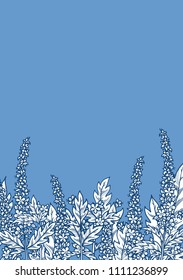 Vector linear floral background. Tiny flowers of agrimony and pinnate leaves. Healing herbs on blue background. There is copy space for your text in the sky.