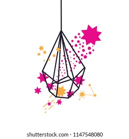 Vector linear  florarium on space background with comets, stars, constellations. For textile design, packaging design, nursery, sign, clothing label, postcards