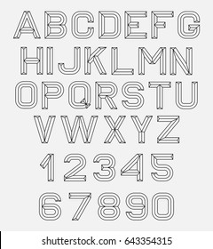 Vector linear font. 80's retro alphabet font. Vector illustration 10