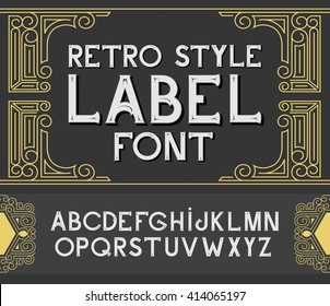 Vector linear font. Art-deco style. Font, good to use in any style labels of alcohol drinks. Business card, leaflet and other printing production. ABC. Alphabet with decoration