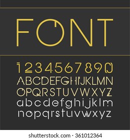 Vector linear font. Line style font with a numeral. Font, good to use in any style labels of alcohol drinks. Business card, leaflet and other printing production. ABC. Alphabet