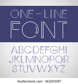 Vector linear font. One line style . Simple and minimalistic. Font, good to use in any style labels of alcohol drinks. Business card, leaflet and other printing production. ABC. Alphabet