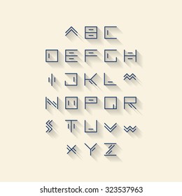 Vector linear font - simple alphabet in mono line style - typography design elements.Thin line iconographic flat letters with long shadow. Hipster modern font.