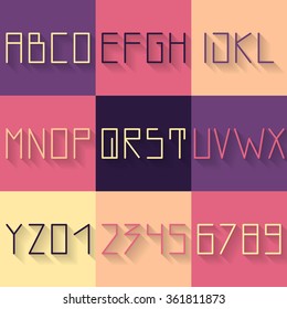 Vector linear font - simple alphabet in mono line style - typography design elements.Thin line iconographic flat letters with long shadow. Hipster modern font.
