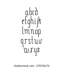 Vector linear font - simple alphabet in mono line style. Old style ancient Gothic Font. Vector light alphabet set. Minimal. Latin alphabet letters.
 Hipster font, typeface, typography, typewriter.