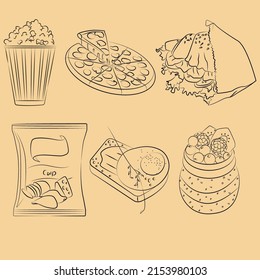 Vector linear food icons. Bucket with popcorn. Pizza with stretchy cheese. Salty croissant. A bag of chips with cheese. Toast, sandwich with egg and herbs. Yogurt with chia seeds in a glass and fruit.