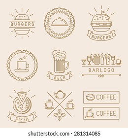 Vector linear food labels and badges with trendy linear illustrations - coffee, beer, pizza and burger