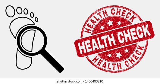 Vector linear footprint audit magnifier pictogram and Health Check seal stamp. Blue round textured seal stamp with Health Check phrase. Black isolated footprint audit magnifier icon in contour style.