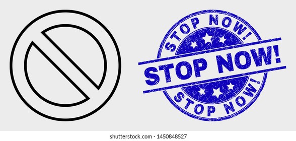 Vector linear forbidden icon and Stop Now! seal stamp. Blue rounded grunge seal stamp with Stop Now! message. Black isolated forbidden icon in linear style.