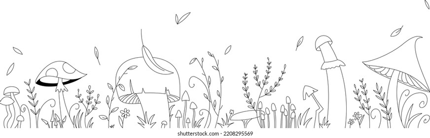 Vector linear forest background. Cute abstract plants. Mushrooms, grass, flowers, leaves. Forest glade in autumn. Leaf fall.