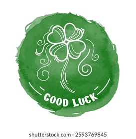 Vector linear four leaf clover icon on abstract watercolor blot background. Cute St. Patrick's Day card. Good luck. Vintage editable outline quatrefoil. Big bright green paint spot. Hand drawn art