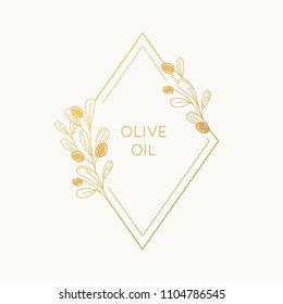 Vector linear frame and badge design for packaging for olive oil products, natural and organic cosmetics and beauty products - abstract logo template with copy space for text and leaves