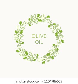 Vector linear frame and badge design for packaging for olive oil products, natural and organic cosmetics and beauty products - abstract logo template with copy space for text and leaves