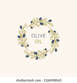 Vector linear frame and badge design for packaging for olive oil products, natural and organic cosmetics and beauty products - abstract logo template with copy space for text and leaves